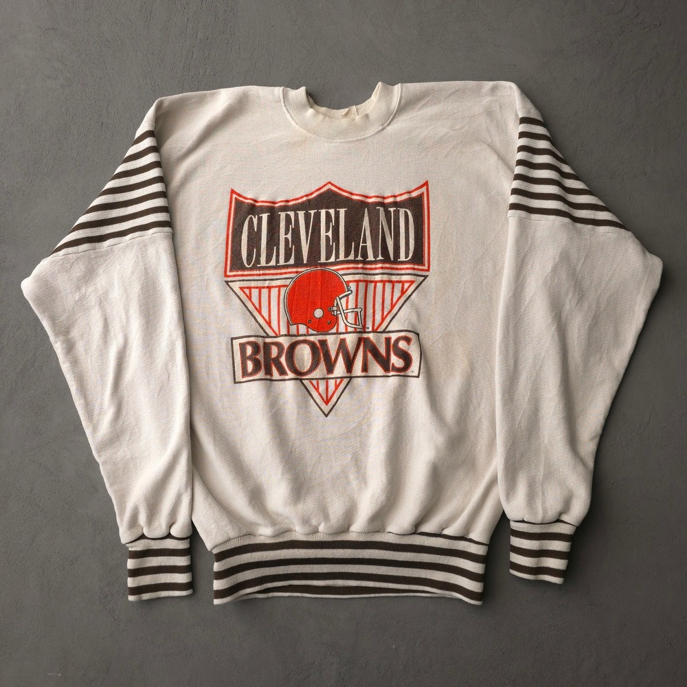 Vintage 80s Cleveland Browns Sweatshirt XL White Striped Sleeve NFL Made in USA